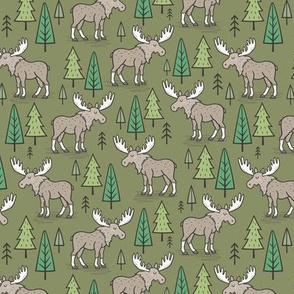 Forest Woodland Moose & Trees on Dark Green Smaller 1,75 inch