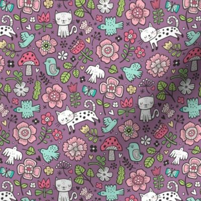 Cats Birds & Flowers Spring Doodle on Purple Mauve Smaller Tiny 1,75 inch