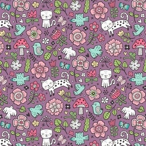 Cats Birds & Flowers Spring Doodle on Purple Mauve Smaller Tiny 1,75 inch
