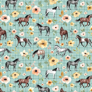 Horses and Flowers on Aqua Blue with Stripes - Large Print