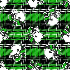 Cute punk raccoon on plaid background vector pattern. 