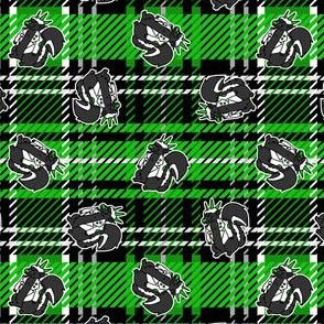  Cute punk skunk with skull on plaid background.