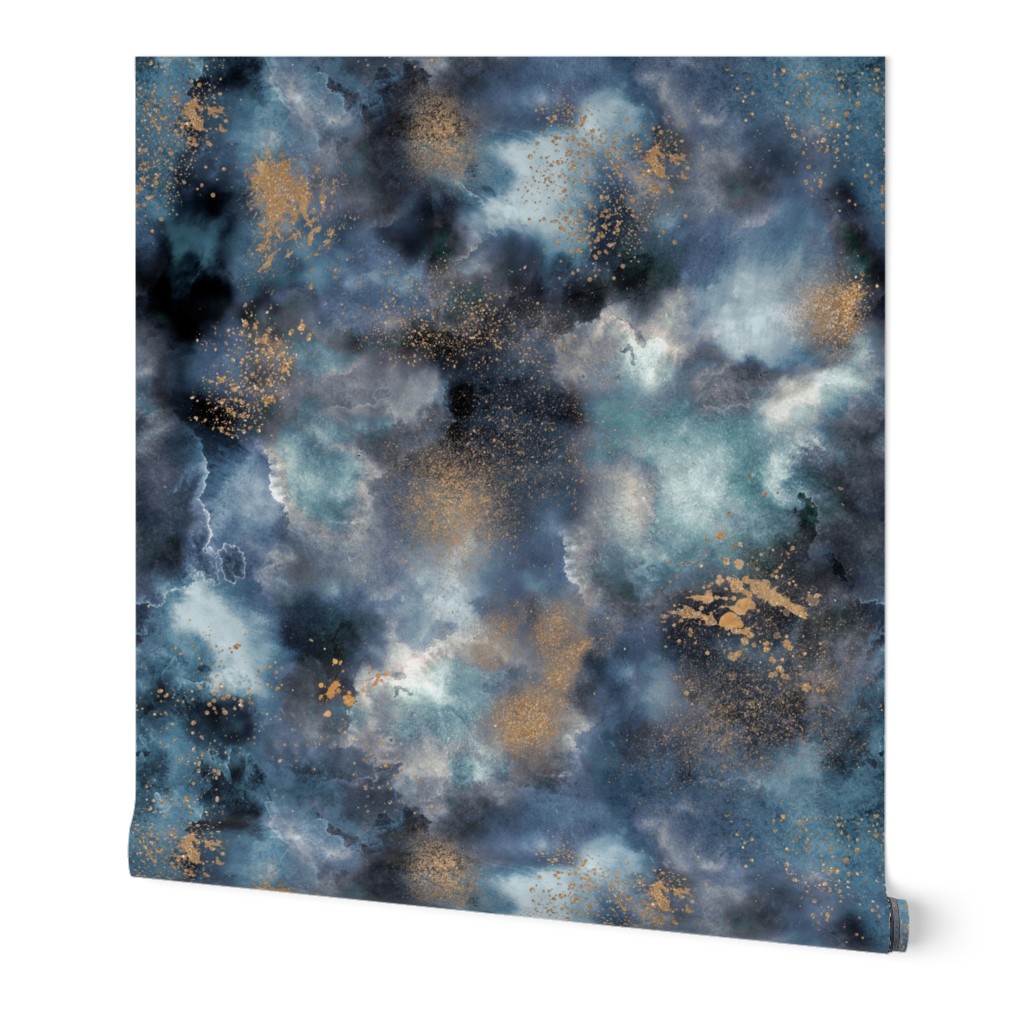 Marble smoky watercolor Dark blue - MetallicWallpaperModern Wallpaper