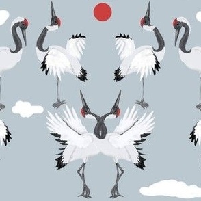 Japanese Snow Cranes Wing Dance Red Sun
