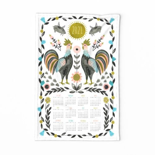 Folk Roosters 2021 Calendar Tea Towel