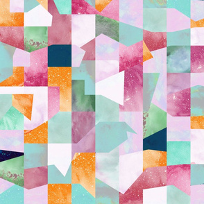 Geometric Modern Checks Watercolor texture Collage Green Pink 