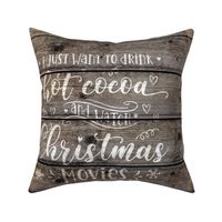 Cocoa and Christmas Movies on dark wood - 18 inch square