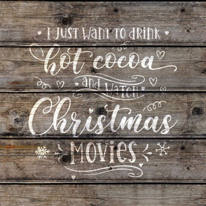 Cocoa and Christmas Movies on dark wood - 18 inch square