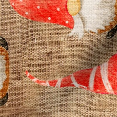 Red Watercolor Christmas Gnomes on burlap rotated- large scale