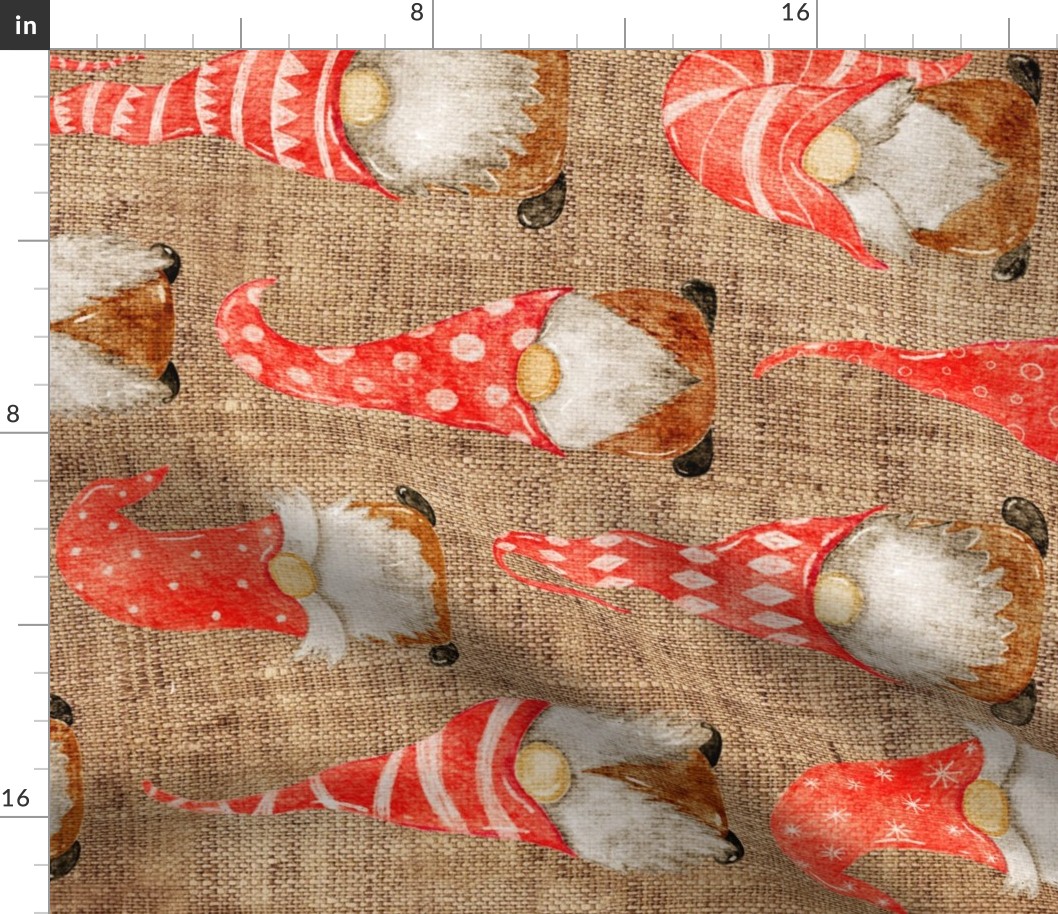 Red Watercolor Christmas Gnomes on burlap rotated- large scale