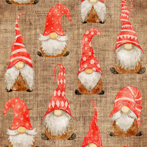 Red Watercolor Christmas Gnomes on burlap - large scale