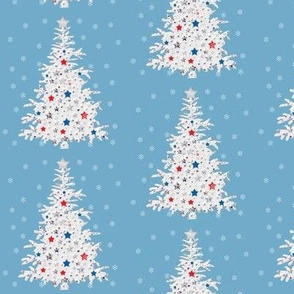 White tree on blue with red, blue stars