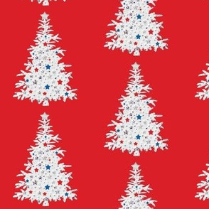 White tree on red with red, blue stars