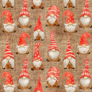 Red Watercolor Christmas Gnomes on burlap - medium scale