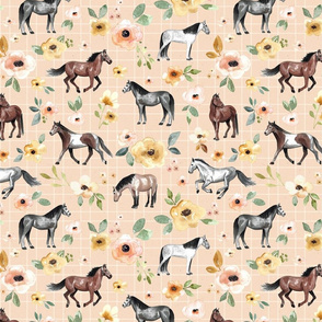 Horses and Flowers on Pink with Stripes - Large Print