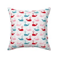 whales with heart - love nautical valentines day - red, teal, and pink on stripes - LAD20