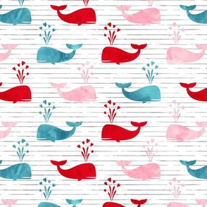 whales with heart - love nautical valentines day - red, teal, and pink on stripes - LAD20