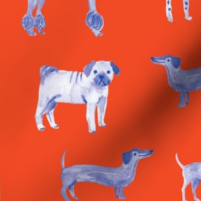 Blue Watercolor dogs on Red Background