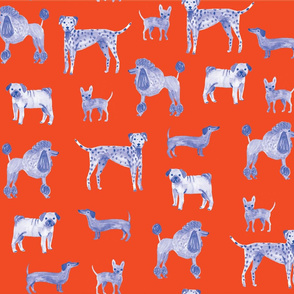 Blue Watercolor dogs on Red Background