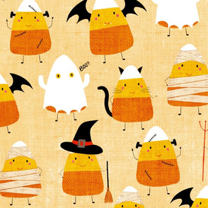 Candy Corn Characters, Halloween Characters on burlap - large scale