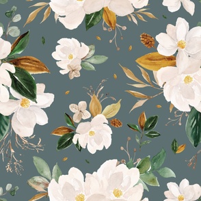 gold magnolia floral on eucalyptus background - oversized