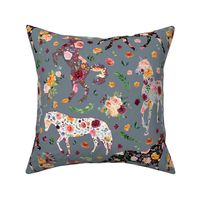 fall blueberry floral horses on stone blue background