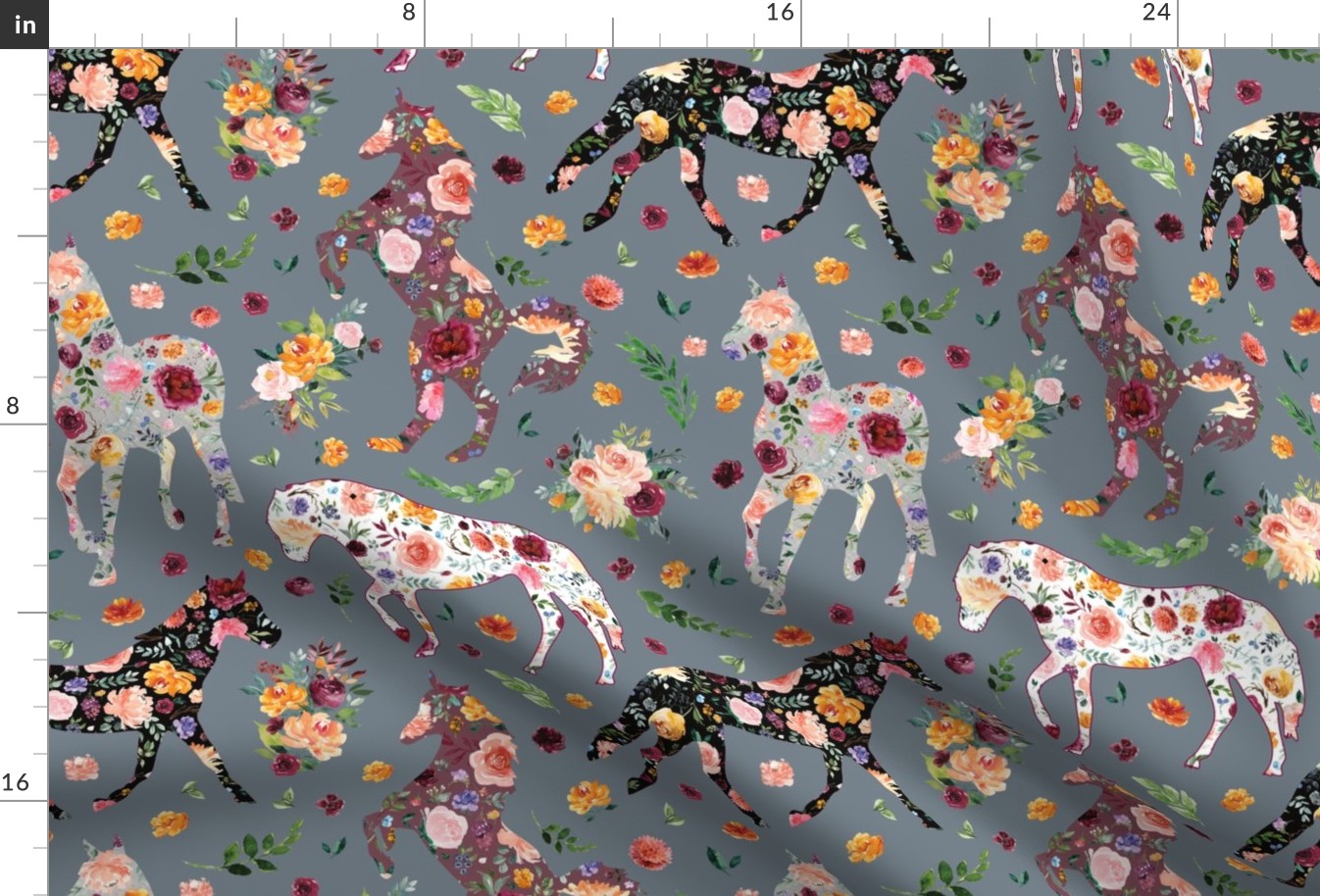 fall blueberry floral horses on stone blue background