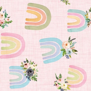 blush floral watercolor rainbows on pink linen - rotated