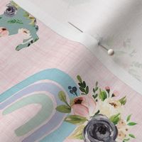 blush patchwork horses and watercolor rainbows on pink linen - rotated