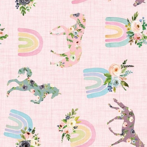 blush patchwork horses and watercolor rainbows on pink linen - rotated