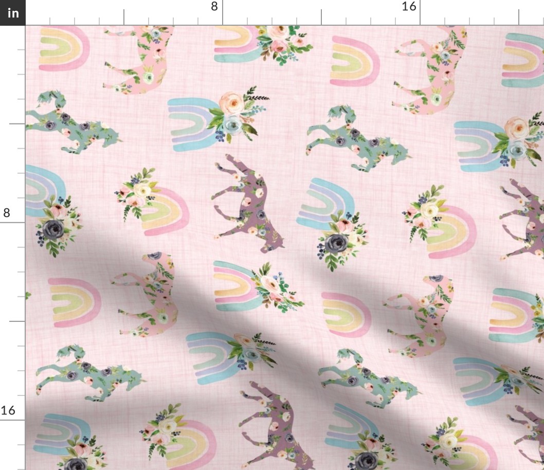 blush patchwork horses and watercolor rainbows on pink linen - rotated