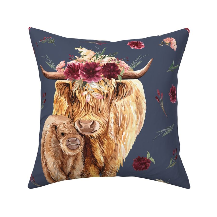 18x18" - highland floral cow patch on stone blue