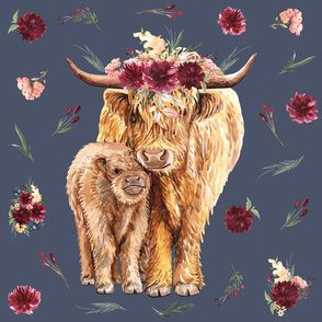 18x18" - highland floral cow patch on stone blue
