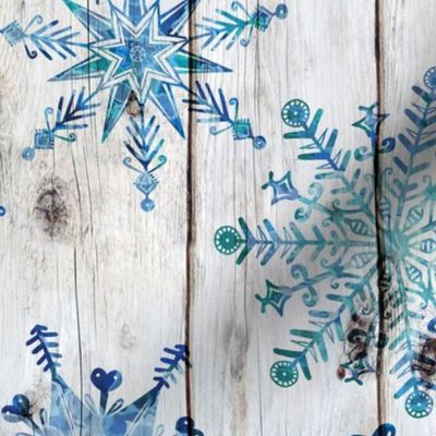 Blue Snowflakes on Wood rotated - large scale