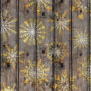 Gold Watercolor Snowflakes rotated on dark wood - large scale