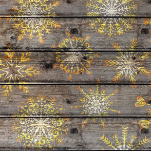 Gold Watercolor Snowflakes on dark wood - large scale
