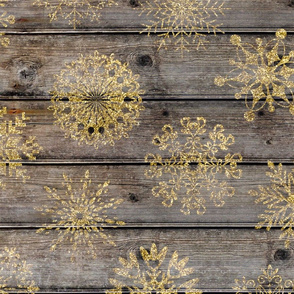 Gold Glitter Snowflakes on Dark Wood - large scale