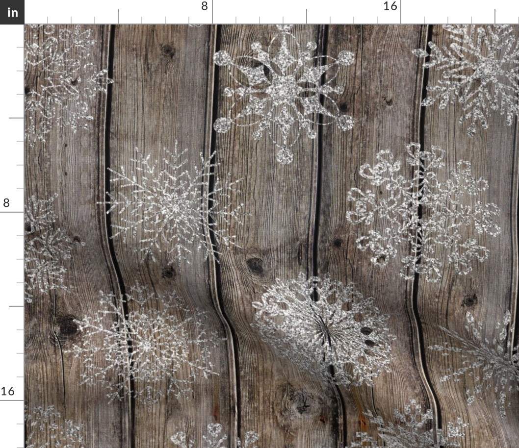 Silver Glitter Snowflakes on Dark Wood rotated - large scale