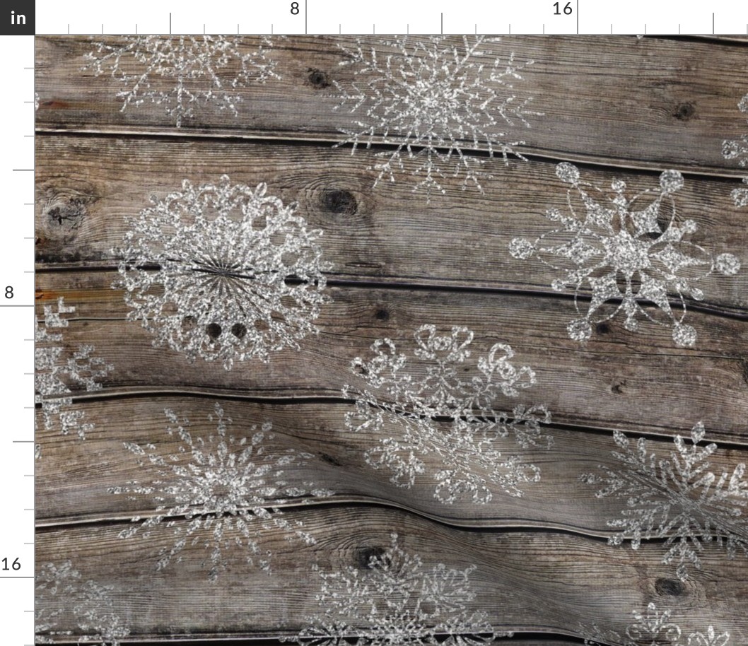 Silver Glitter Snowflakes on Dark Wood - large scale