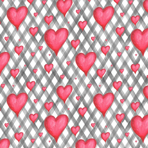 red  hearts on grey plaid texture