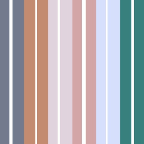 Periwinkle, pine, sienna, slate, mauve and soft lilac  variable stripe