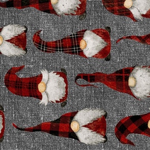 Red Buffalo Plaid Gnomes on Grey linen rotated - large scale