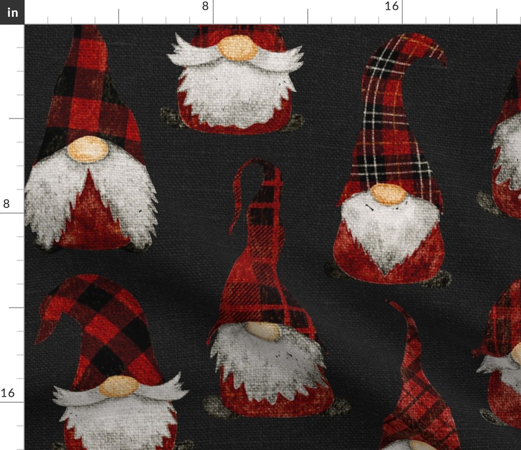 Red Buffalo Plaid Gnomes on Dark Grey linen - large scale