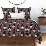 Red Buffalo Plaid Gnomes on Grey linen - large scale