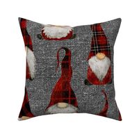 Red Buffalo Plaid Gnomes on Grey linen - large scale
