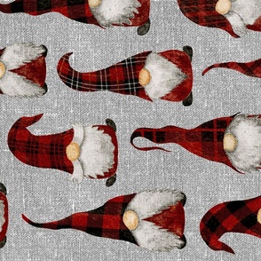 Red Buffalo Plaid Gnomes on Silver Grey Linen rotated - large scale