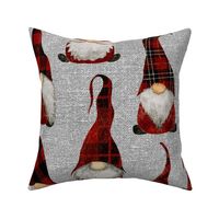 Red Buffalo Plaid Gnomes on Grey linen  - large scale