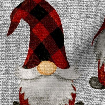 Red Buffalo Plaid Gnomes on Grey linen  - large scale