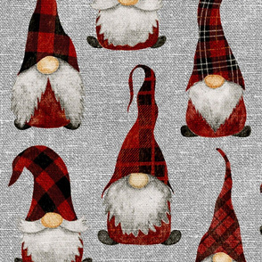 Red Buffalo Plaid Gnomes on Grey linen  - large scale