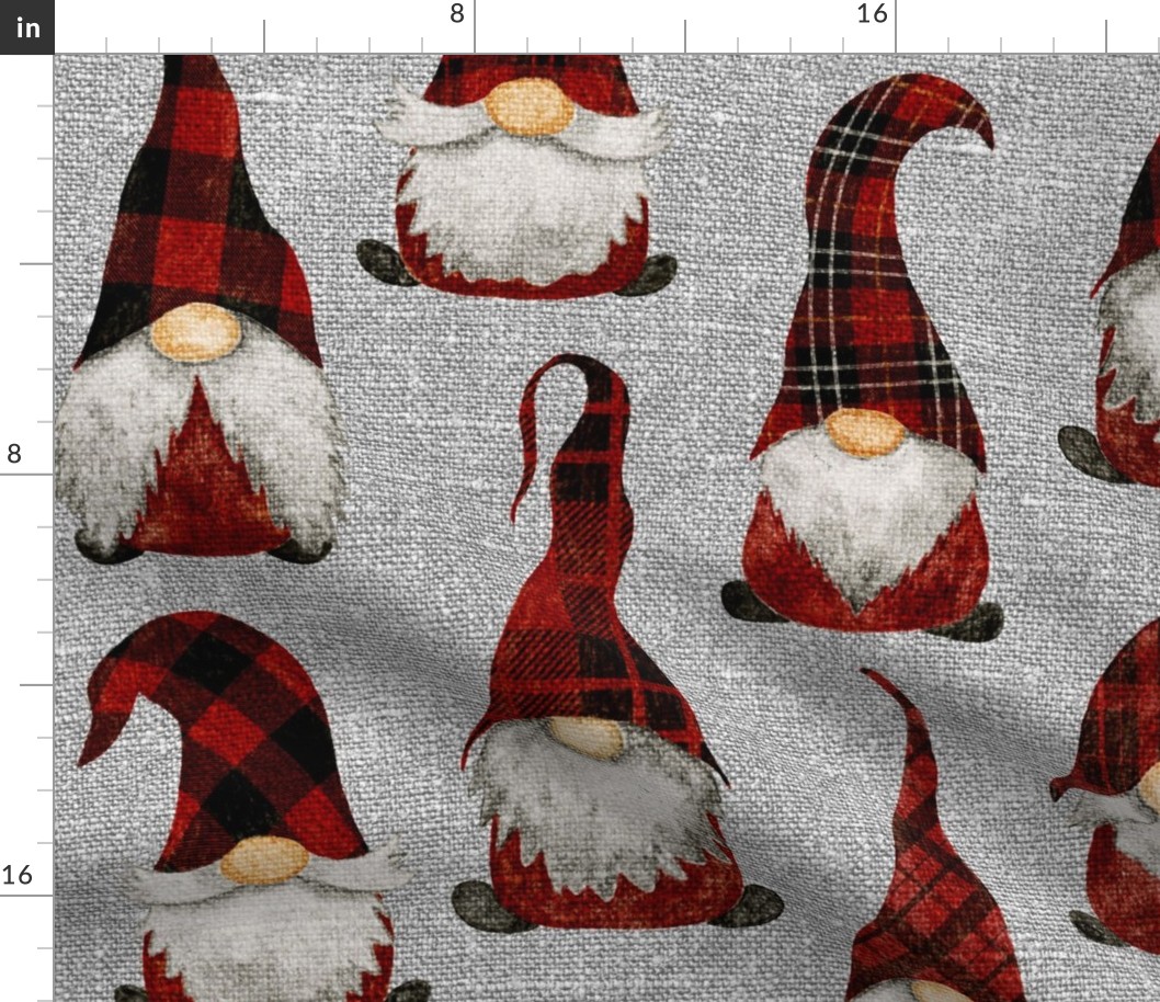 Red Buffalo Plaid Gnomes on Grey linen  - large scale